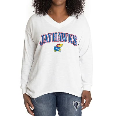 Women's White Kansas Jayhawks Oversized Bailey Long Sleeve V-Neck Tri-Blend Tunic
