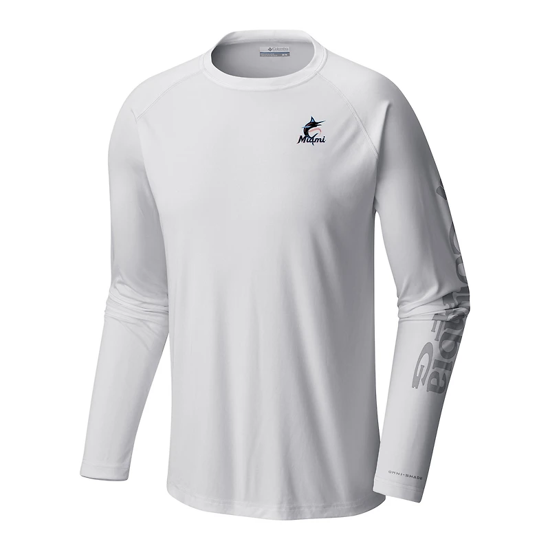 Men's Columbia White Miami Marlins Terminal Tackle Long Sleeve Shirt