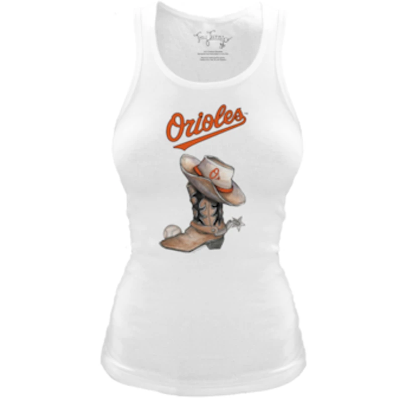 Women's Tiny Turnip White Baltimore Orioles Fitted Vintage Cowboy Boot Tri-Blend Tank Top