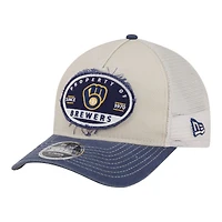 Men's New Era  Light Beige/Navy Milwaukee Brewers Frayed M-Crown A-Frame 9FORTY Trucker Adjustable Hat