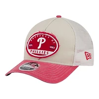 Men's New Era  Light Beige/Red Philadelphia Phillies Frayed M-Crown A-Frame 9FORTY Trucker Adjustable Hat