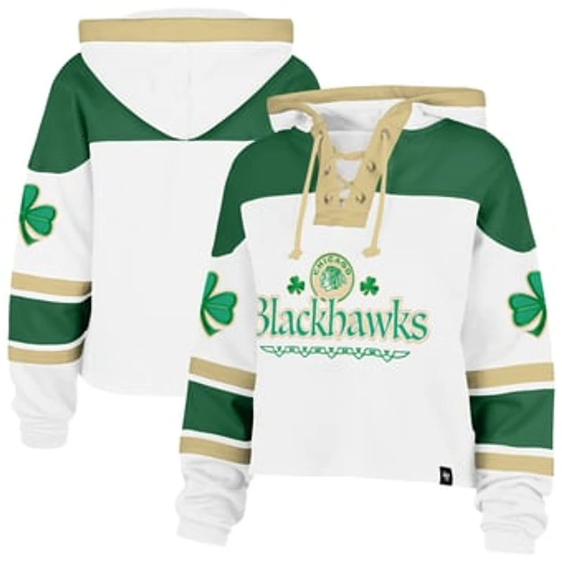 Women's '47 White Chicago Blackhawks McLucky Cropped Lacer Hoodie