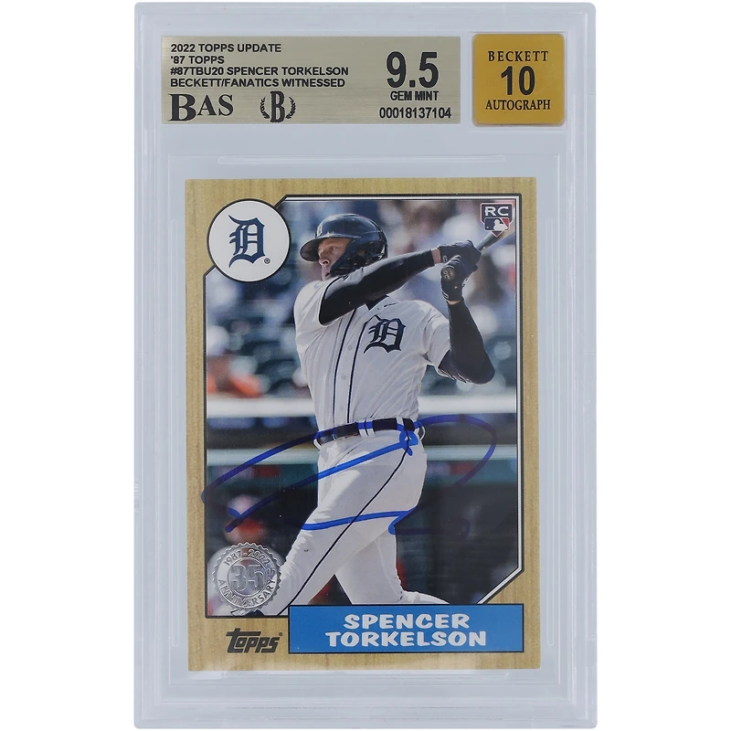 Spencer Torkelson Detroit Tigers Autographed 2022 Topps Update '87 Topps #87TBU-20 Beckett Fanatics Witnessed Authenticated 9.5/10 Rookie Card
