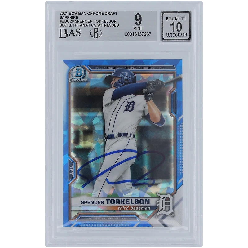Spencer Torkelson Detroit Tigers Autographed 2021 Bowman Chrome Draft Sapphire #BDC-20 Beckett Fanatics Witnessed Authenticated 9/10 Card