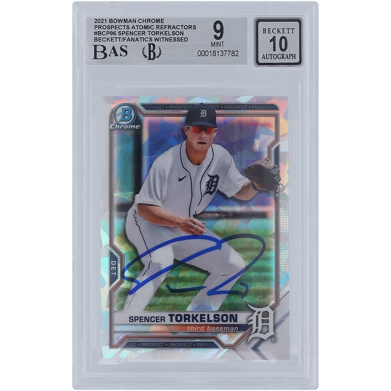 Spencer Torkelson Detroit Tigers Autographed 2021 Bowman Chrome Prospects Atomic Refractors #BCP-96 Beckett Fanatics Witnessed Authenticated 9/10 Card