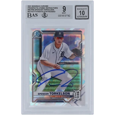 Spencer Torkelson Detroit Tigers Autographed 2021 Bowman Chrome Prospects Atomic Refractors #BCP-96 Beckett Fanatics Witnessed Authenticated 9/10 Card