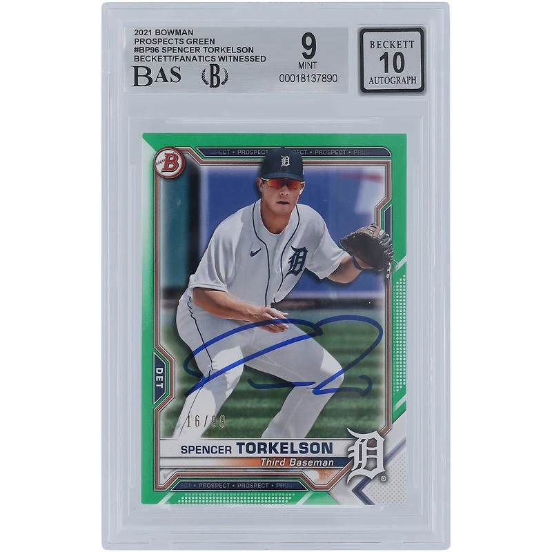 Spencer Torkelson Detroit Tigers Autographed 2021 Bowman Prospects Green #BP-96 #/99 Beckett Fanatics Witnessed Authenticated 9/10 Card