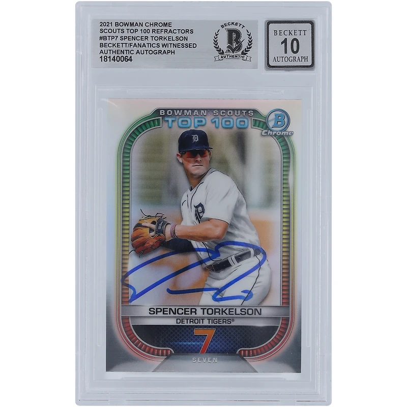 Spencer Torkelson Detroit Tigers Autographed 2021 Bowman Chrome Scouts Top 100 Refractors #BTP-7 Beckett Fanatics Witnessed Authenticated 10 Card