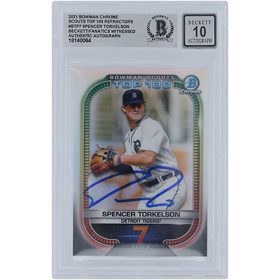 Spencer Torkelson Detroit Tigers Autographed 2021 Bowman Chrome Scouts Top 100 Refractors #BTP-7 Beckett Fanatics Witnessed Authenticated 10 Card