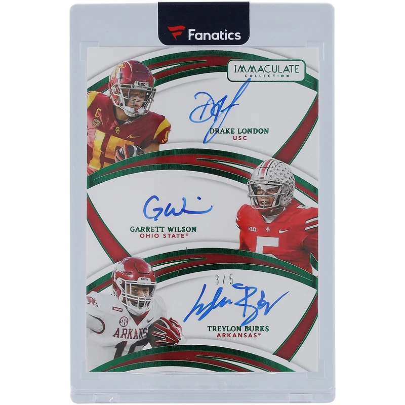 Drake London, Garrett Wilson and Treylon Burks Autographed 2022 Panini Immaculate Collection Collegiate Triple Auto Emerald #IT-WR #3/5 Rookie Card