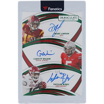 Drake London, Garrett Wilson and Treylon Burks Autographed 2022 Panini Immaculate Collection Collegiate Triple Auto Emerald #IT-WR #3/5 Rookie Card