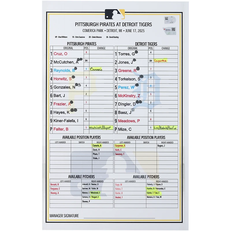 Pittsburgh Pirates Game-Used Lineup Card vs. Detroit Tigers on June 17, 2025