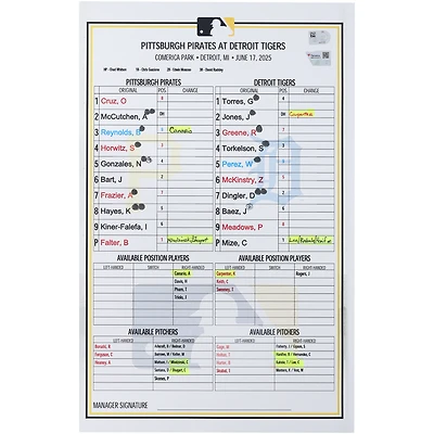 Pittsburgh Pirates Game-Used Lineup Card vs. Detroit Tigers on June 17, 2025