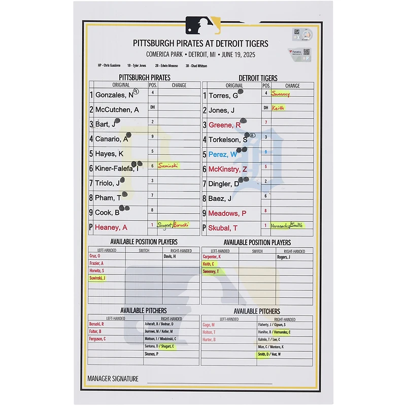 Pittsburgh Pirates Game-Used Lineup Card vs. Detroit Tigers on June 19, 2025 - Game One of Doubleheader