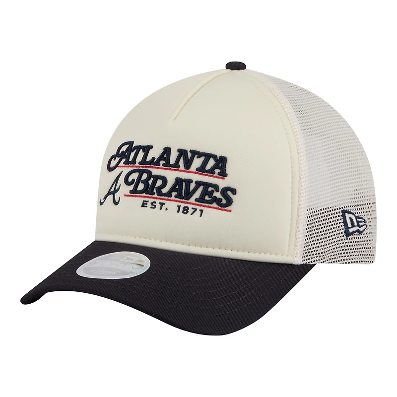 Women's New Era Light Beige/Navy Atlanta Braves Retro 9FORTY M-Crown A-Frame Trucker Adjustable Hat