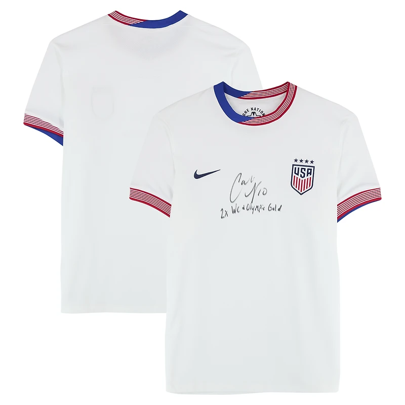 Carli Lloyd USWNT Autographed 2024 White Nike Jersey with "2X WC and Olympic Champ" Inscription - Front Signed