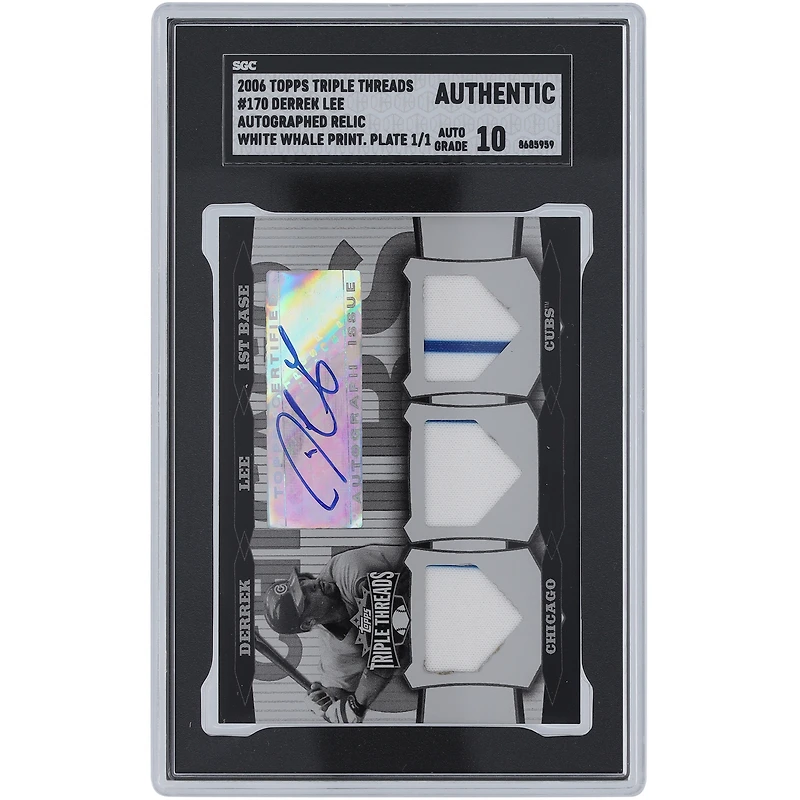 Derrek Lee Chicago Cubs Autographed 2006 Topps Triple Threads Triple Dual-Color Pinstripe Relic White Whale Printing Plate #170 #1/1 SGC Authenticated Auto 10 Card