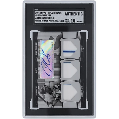 Derrek Lee Chicago Cubs Autographed 2006 Topps Triple Threads Triple Dual-Color Pinstripe Relic White Whale Printing Plate #170 #1/1 SGC Authenticated Auto 10 Card