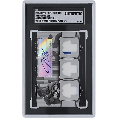 Derrek Lee Chicago Cubs Autographed 2006 Topps Triple Threads Triple Dual-Color Pinstripe Relic White Whale Printing Plate #53 #1/1 SGC Authenticated Card