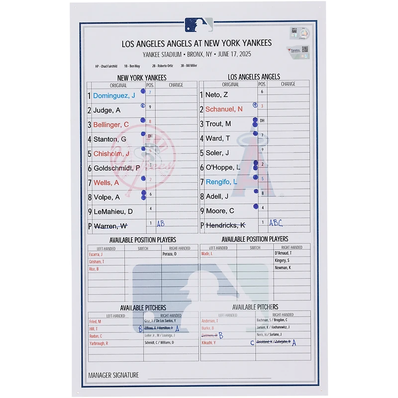 New York Yankees Game-Used Lineup Card vs. Los Angeles Angels on June 17, 2025