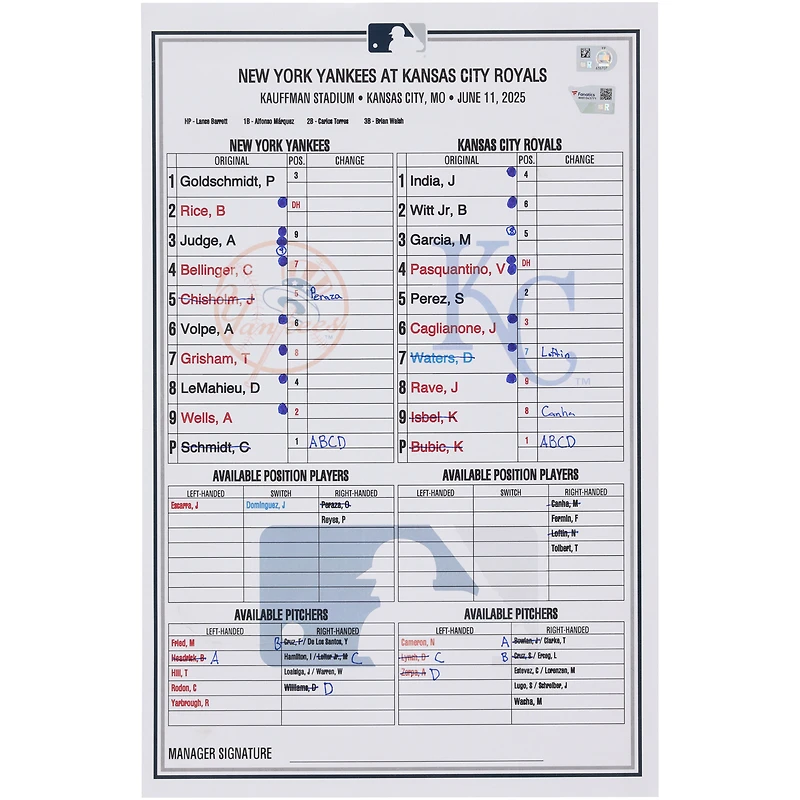 New York Yankees Game-Used Lineup Card vs. Kansas City Royals on June 11, 2025