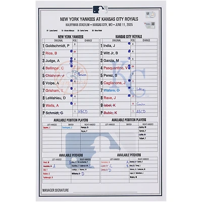 New York Yankees Game-Used Lineup Card vs. Kansas City Royals on June 11, 2025