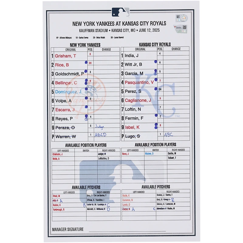 New York Yankees Game-Used Lineup Card vs. Kansas City Royals on June 12, 2025