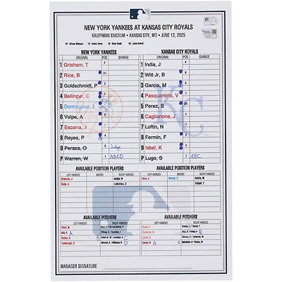 New York Yankees Game-Used Lineup Card vs. Kansas City Royals on June 12, 2025
