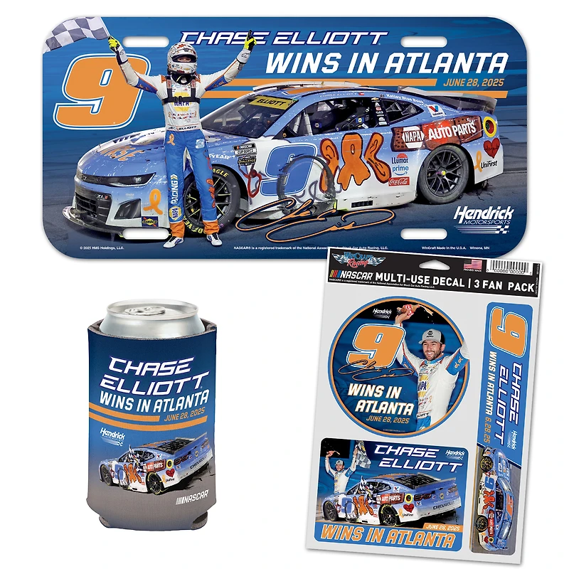 WinCraft Chase Elliott 2025 Quaker State 400 Race Win Three-Piece Can Cooler, License Plate, & Three-Pack Fan Decal Set