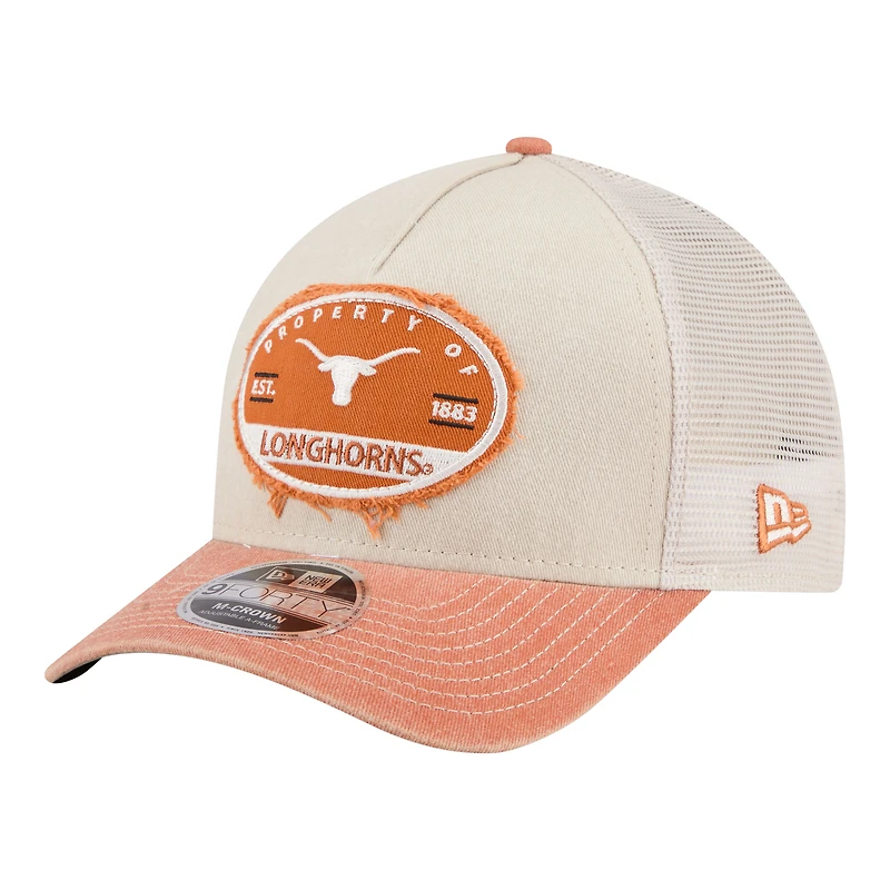 Men's New Era Stone/Texas Orange Texas Longhorns Frayed Patch 9FORTY M-Crown A-Frame Trucker Adjustable Hat
