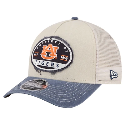 Men's New Era  Stone/Navy Auburn Tigers Frayed Patch 9FORTY M-Crown A-Frame Trucker Adjustable Hat