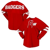 Women's Spirit Jersey Red Wisconsin Badgers Lace-Up V-Neck Long Sleeve T-Shirt
