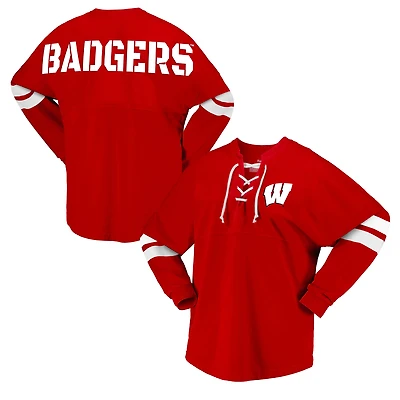 Women's Spirit Jersey Red Wisconsin Badgers Lace-Up V-Neck Long Sleeve T-Shirt
