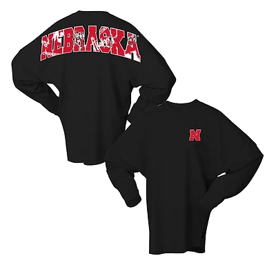 Women's Spirit Jersey Black Nebraska Huskers Oversized Preppy Long Sleeve T-Shirt