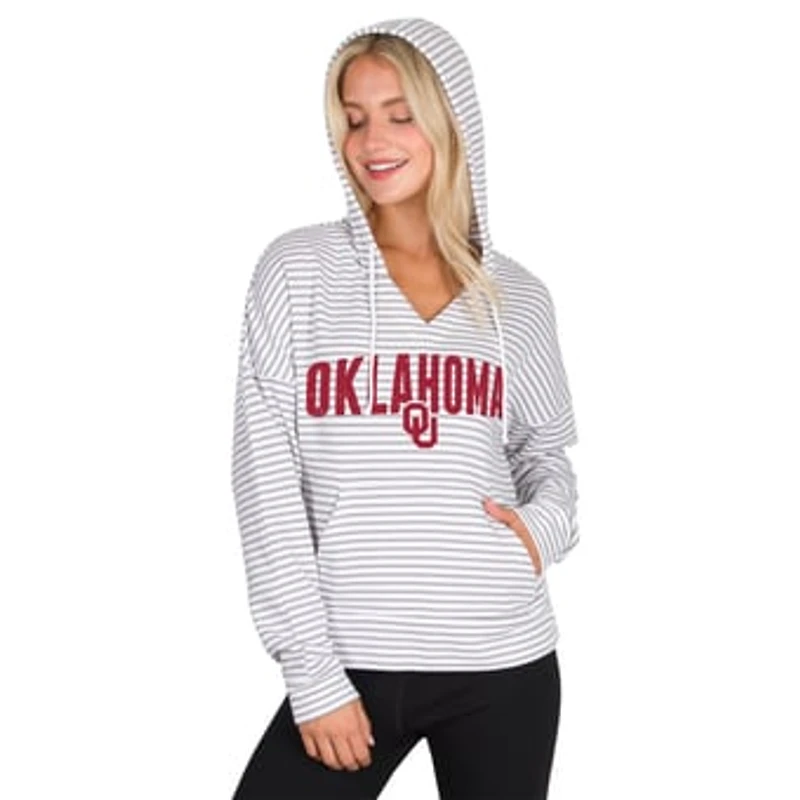 Men's Concepts Sport White/Gray Oklahoma Sooners French Terry Striped V-Neck Pullover Hoodie