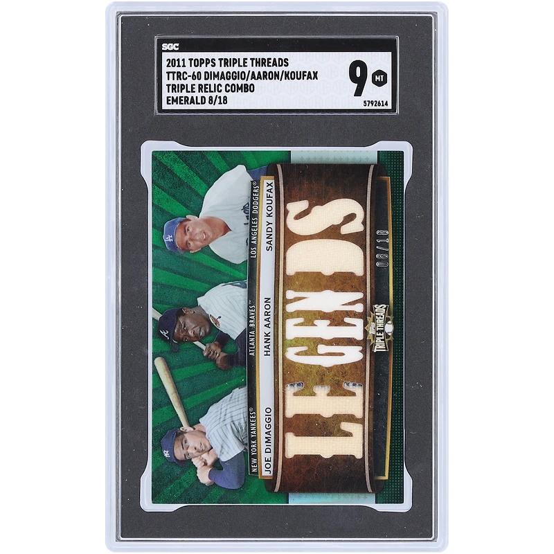 Joe DiMaggio, Hank Aaron & Sandy Koufax 2011 Topps Triple Threads Multi Game-Used Relics #TTRC-60 #8/18 SGC Authenticated 9 Card