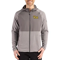 Men's Cutter & Buck Heather Gray Pitt Panthers Peshastin Eco Fleece Recycled Raglan Full-Zip Tri-Blend Hybrid Jacket