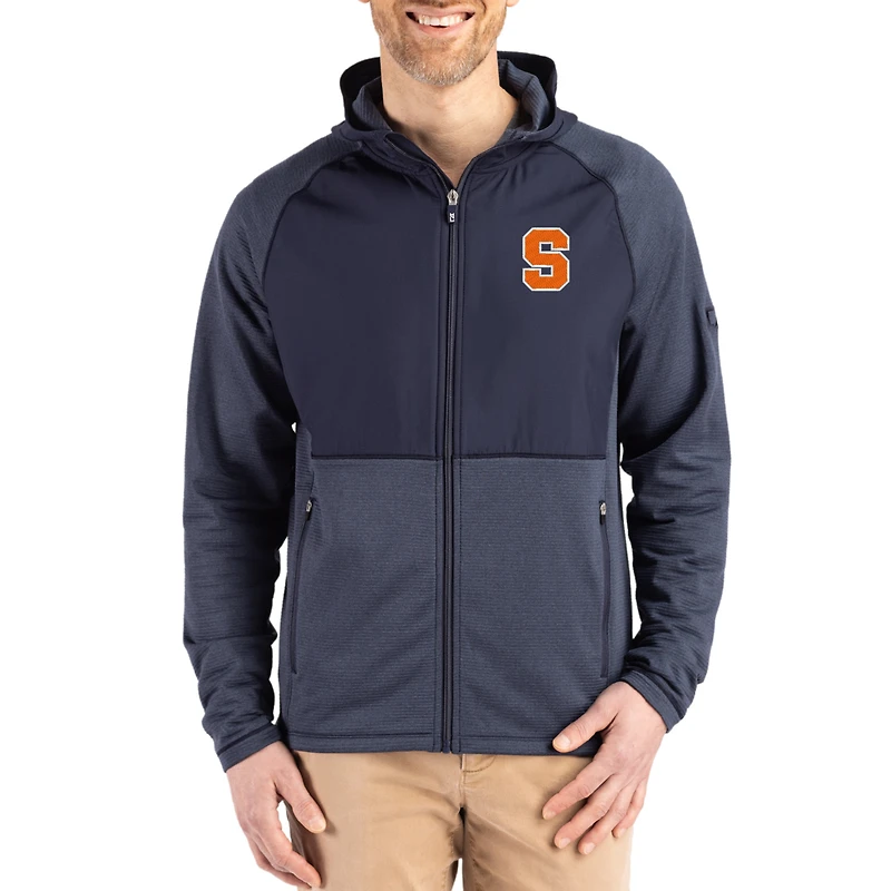 Men's Cutter & Buck Heather Navy Syracuse Orange Peshastin Eco Fleece Recycled Raglan Full-Zip Tri-Blend Hybrid Jacket