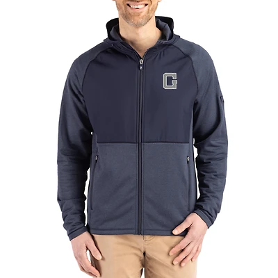 Men's Cutter & Buck Heather Navy Georgetown Hoyas Peshastin Eco Fleece Recycled Raglan Full-Zip Tri-Blend Hybrid Jacket