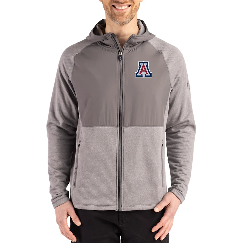 Men's Cutter & Buck Heather Gray Arizona Wildcats Peshastin Eco Fleece Recycled Raglan Full-Zip Tri-Blend Hybrid Jacket