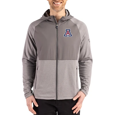 Men's Cutter & Buck Heather Gray Arizona Wildcats Peshastin Eco Fleece Recycled Raglan Full-Zip Tri-Blend Hybrid Jacket