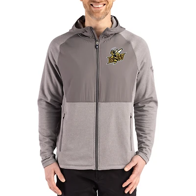 Men's Cutter & Buck Heather Gray Baldwin Wallace Yellow Jackets Peshastin Eco Fleece Recycled Raglan Full-Zip Tri-Blend Hybrid Jacket