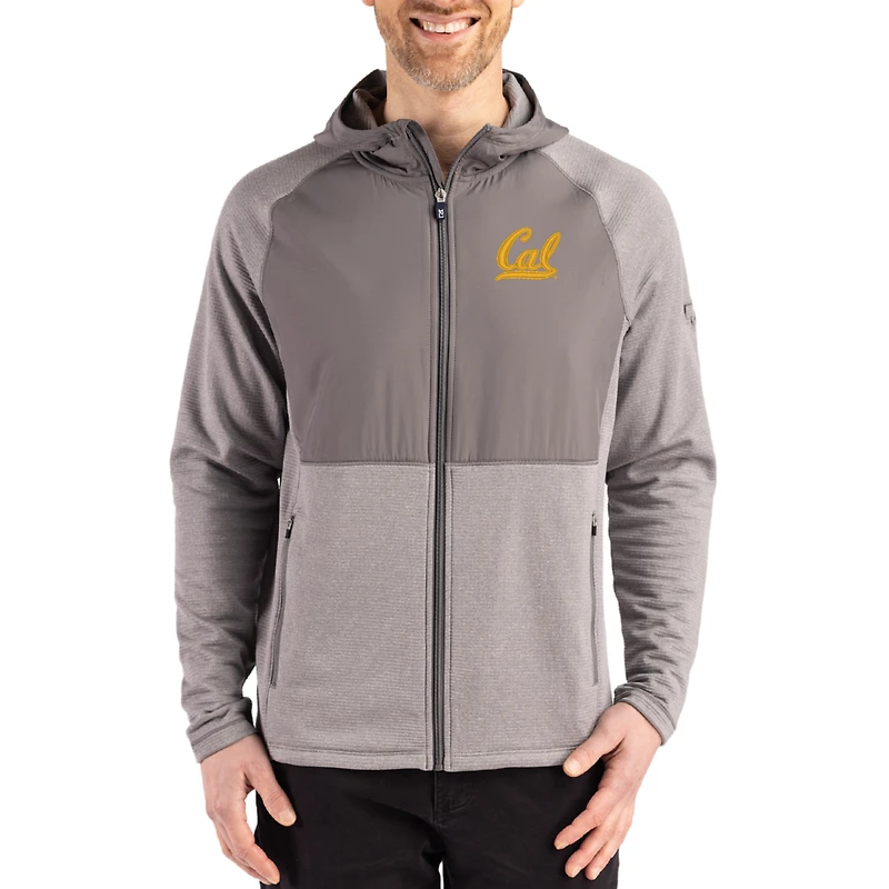 Men's Cutter & Buck Heather Gray Cal Bears Peshastin Eco Fleece Recycled Raglan Full-Zip Tri-Blend Hybrid Jacket