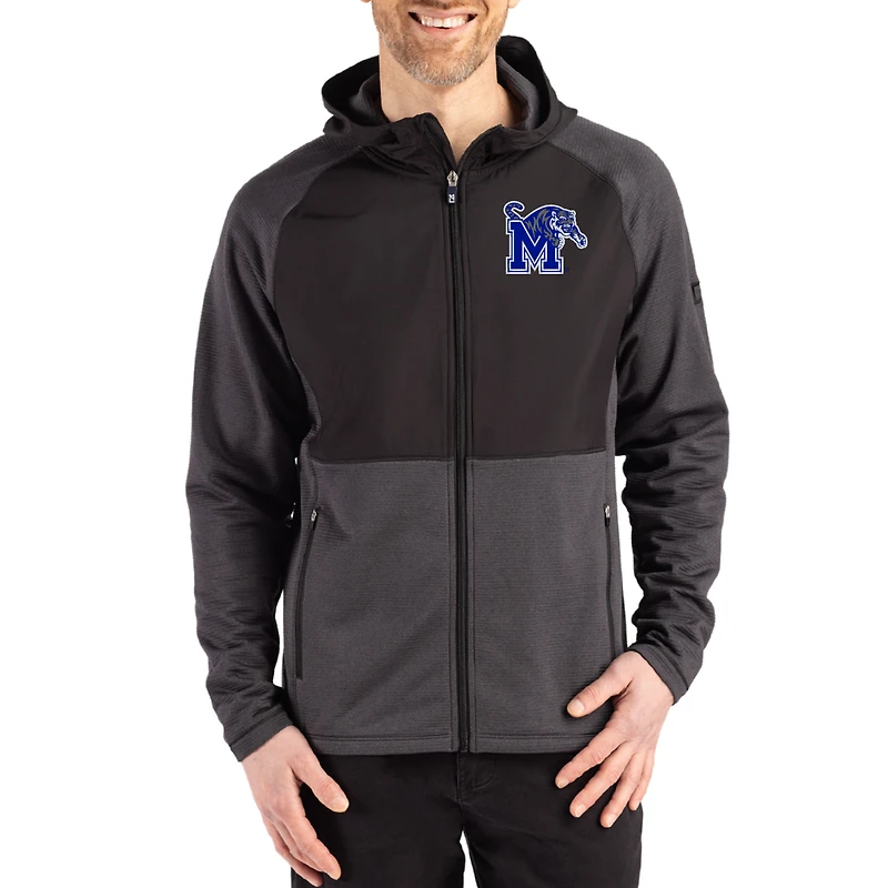 Men's Cutter & Buck Heather Memphis Tigers Peshastin Eco Fleece Recycled Raglan Full-Zip Tri-Blend Hybrid Jacket
