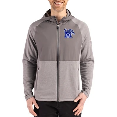 Men's Cutter & Buck Heather Gray Memphis Tigers Peshastin Eco Fleece Recycled Raglan Full-Zip Tri-Blend Hybrid Jacket