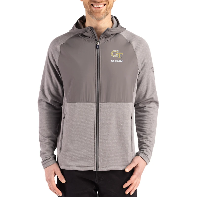 Men's Cutter & Buck Heather Gray Georgia Tech Yellow Jackets Peshastin Eco Fleece Recycled Raglan Full-Zip Tri-Blend Hybrid Jacket