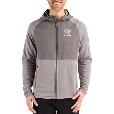 Men's Cutter & Buck Heather Gray Georgia Tech Yellow Jackets Peshastin Eco Fleece Recycled Raglan Full-Zip Tri-Blend Hybrid Jacket