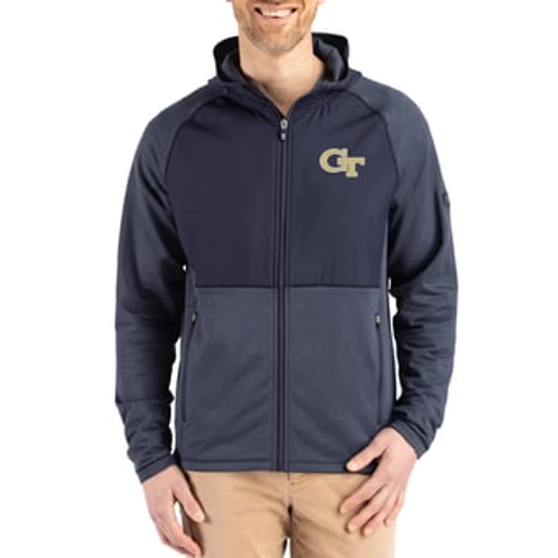 Men's Cutter & Buck Heather Navy Georgia Tech Yellow Jackets Peshastin Eco Fleece Recycled Raglan Full-Zip Tri-Blend Hybrid Jacket