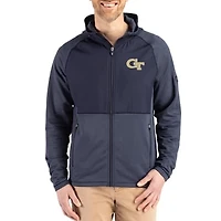 Men's Cutter & Buck Heather Navy Georgia Tech Yellow Jackets Peshastin Eco Fleece Recycled Raglan Full-Zip Tri-Blend Hybrid Jacket