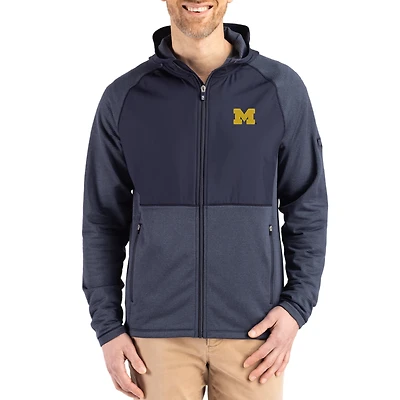 Men's Cutter & Buck Heather Navy Michigan Wolverines Peshastin Eco Fleece Recycled Raglan Full-Zip Tri-Blend Hybrid Jacket